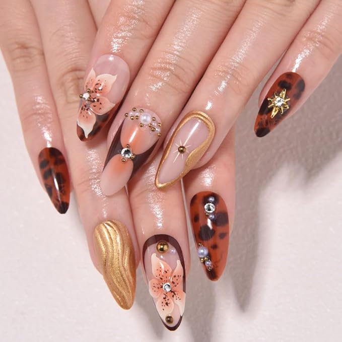 3D Press on Nails Medium Almond with Leopard & Flower Design, Sexy 3D French Tip Nail Press ons Glossy Stick on Nails for Women Reusable with Kit, Stick on Sexy Fake Nail with Designs Perfectly Fit