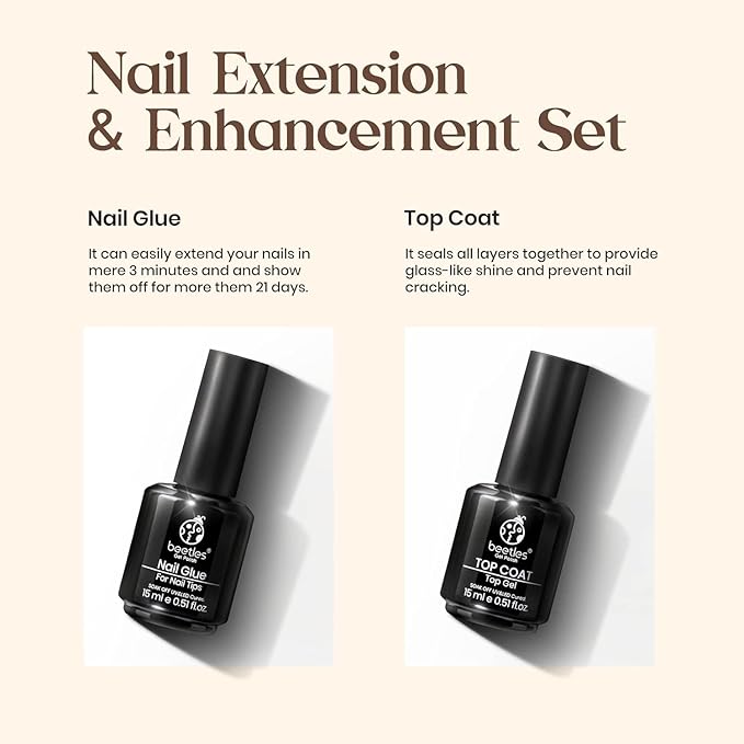 Beetles Gel Nail Glue and No Wipe Top Coat Kit, 2Pcs 15ml 9 In 1 UV Nail Glue for Acrylic Nail Tips Clear Press On Nails, Easy Nail Extension Gel, Soak Off LED Shine Finish DIY Home Manicure
