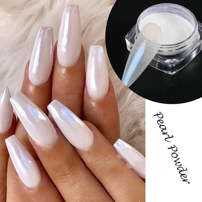 White Pearl Chrome Nail Powder, Mirror Effect Pearlescent Chrome Pigment Powder for Nails, Ice Aurora Nail Powder 3Pcs