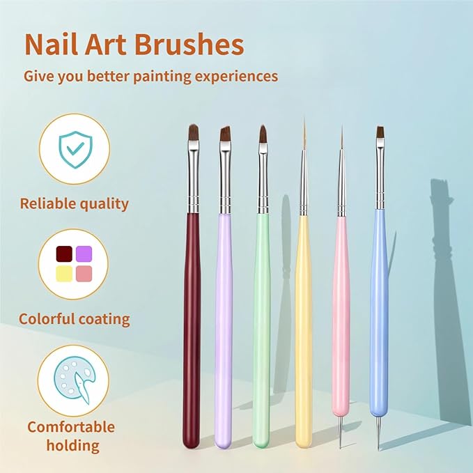 Nail Art Brushes Set 6Pcs - Professional Nail Design Pens with Gel Extension Brush, Polish Brush, Builder Brush, Liner Brush, Carved Brush & Dotting Pen for Acrylic/Gel/Polish, DIY Home & Salon Use