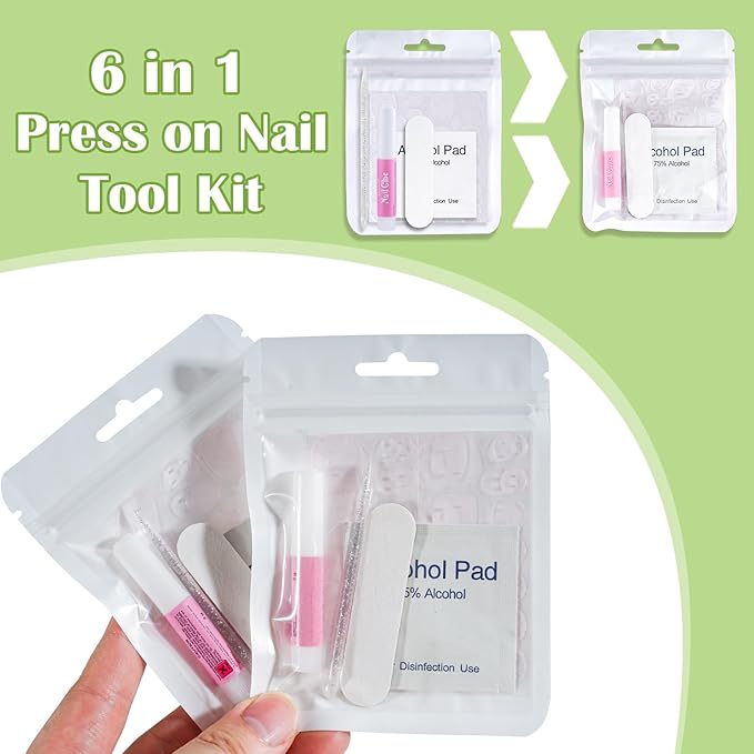 Press On Nail Tool Kit with Everything, Bebbtiy Nail Prep Tool Disposable Manicure Kit with Nail File, Nail Glue, Prep Pads, Adhesive Nail Tabs,Wood Stick, Packaging Bag (20pcs-white)