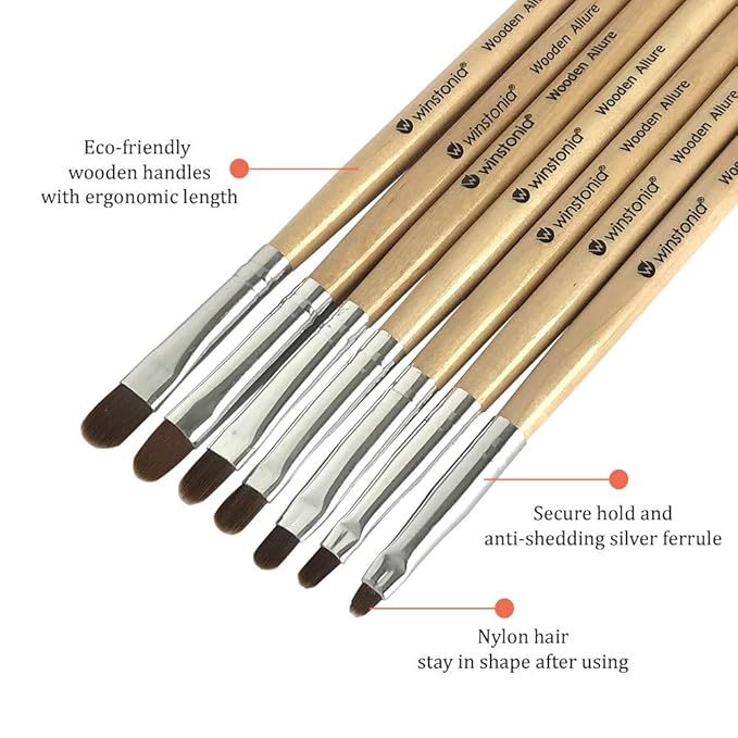 Winstonia 7pcs Gel Nail Brush Set for Nail Tips Builder & Overlay, Sculpting, Poly Gel, and Extensions. Oval Size Brushes Manicure Painting Pen - WOODEN ALLURE