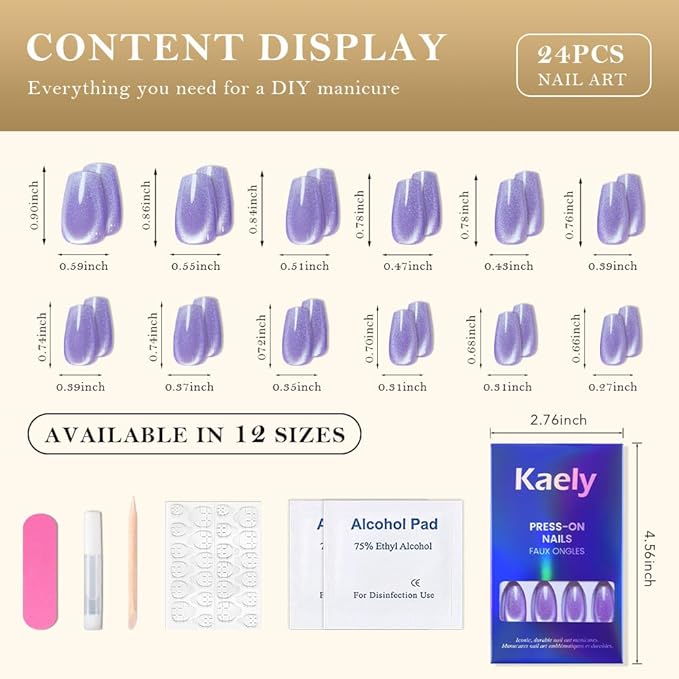 evpct Violet Purple Cat Eye Coffin Press on Nails Square Medium, Medium Square Stick on Nail for Women Gift, Purple Metallic Glitter Glossy Reusable Soft Gel Press on Acrylic Fake Nail with Designs