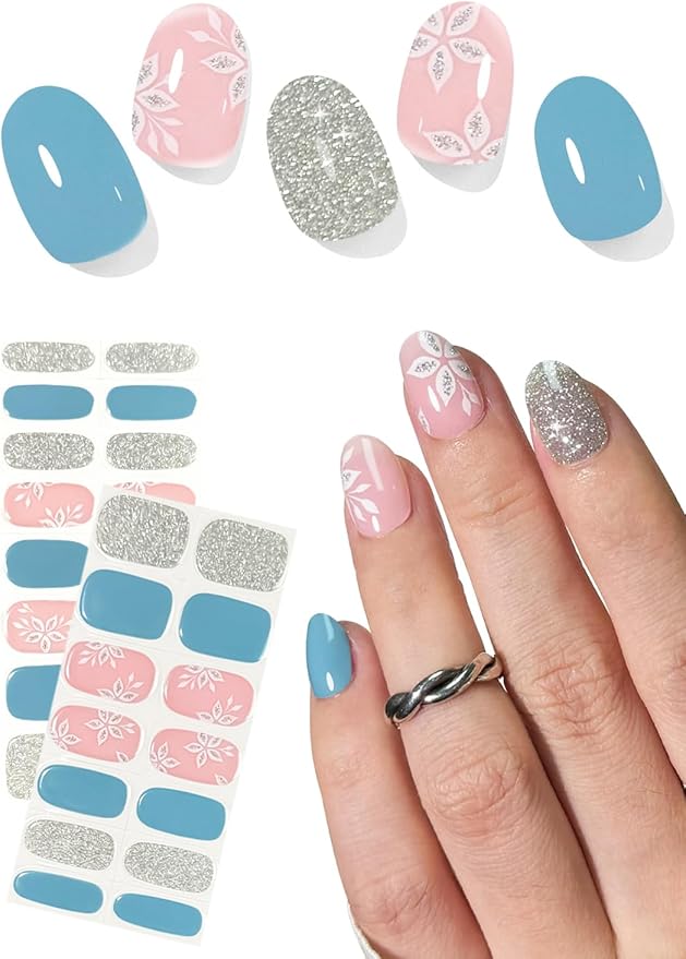 UV Gel Nail Stickers, Blue Glitter Flower 30pcs Semi Cured Gel Nail Strips, Wraps for Home Manicure DIY