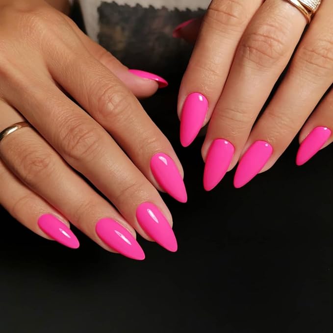 Hot Pink Press on Almond Shaped Medium Nails - Neutral Acrylic Reusable Fake Nails for Women Girls - Glue on Medium Length Stiletto False Soft Gel Artificial Nails