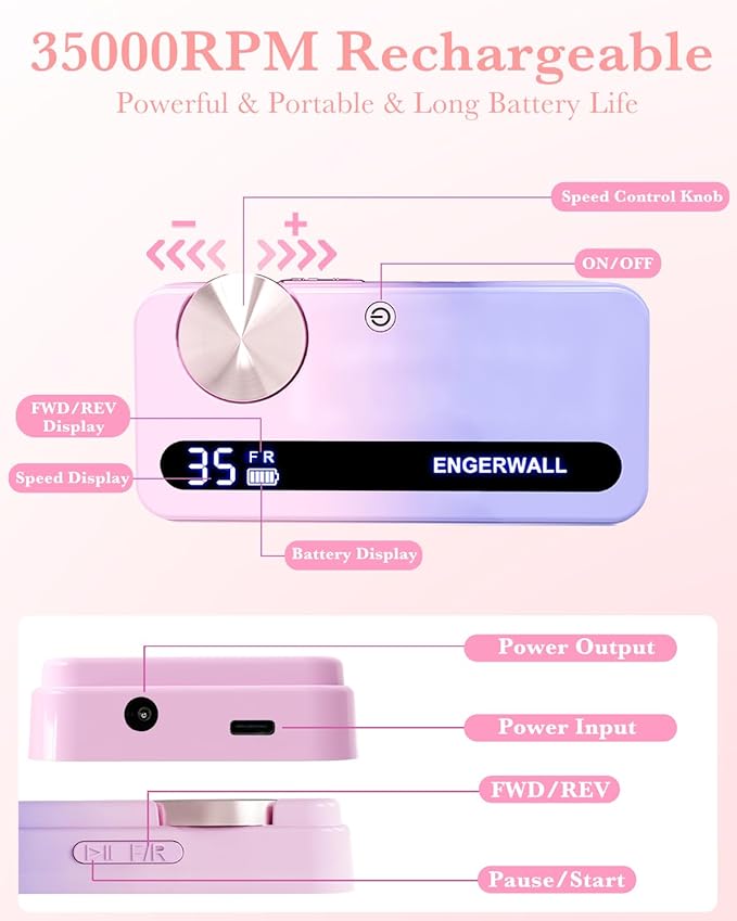 ENGERWALL Rechargeable Nail Drill 35000RPM, Professional Portable Electric Nail File for Acrylic Gel Nails, Cordless E-File Kit with 7 Bits & 56 Sanding Bands for Manicure Pedicure, Pink-Blue