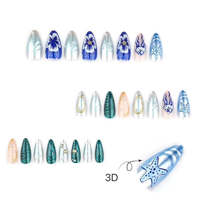 Almond Press On Nails - Medium Blue False Nails with 3D Ocean Design, Glossy Full Cover Stick On Nails - 24 Pcs