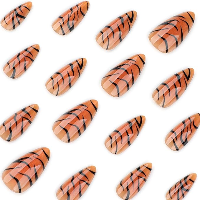 Tiger Print Press on Nails Medium Almond Fake Nails Cat Eye Nails Press ons with Design Full Cover Stick on Nails for Women Manicure,Reusable | Nail Sticky Tabs | Easy Apply | 24Pcs