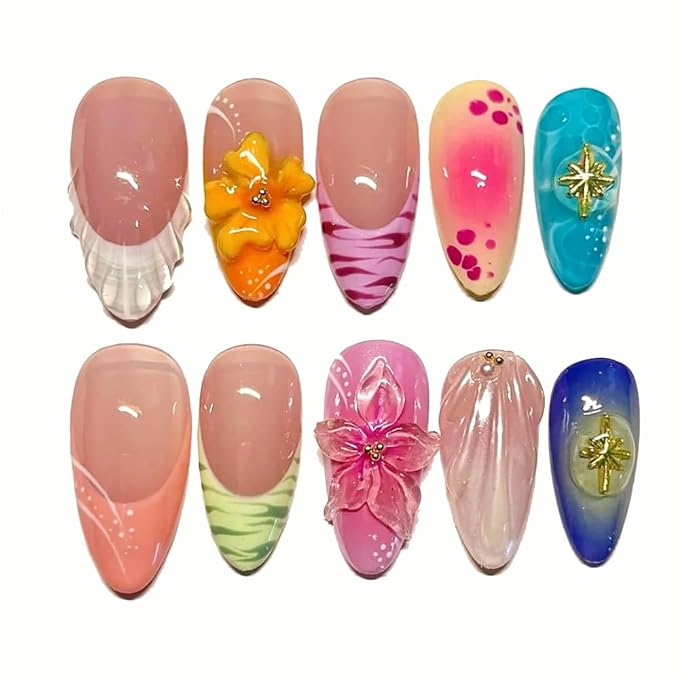 Small size Press On Nails - Handmade Unique Almond Fake Nails, Thick Acrylic and Muti-Layer Gel False Nails, Reusable Gel Cured Sturdier 3D Fake Nails (Size S)