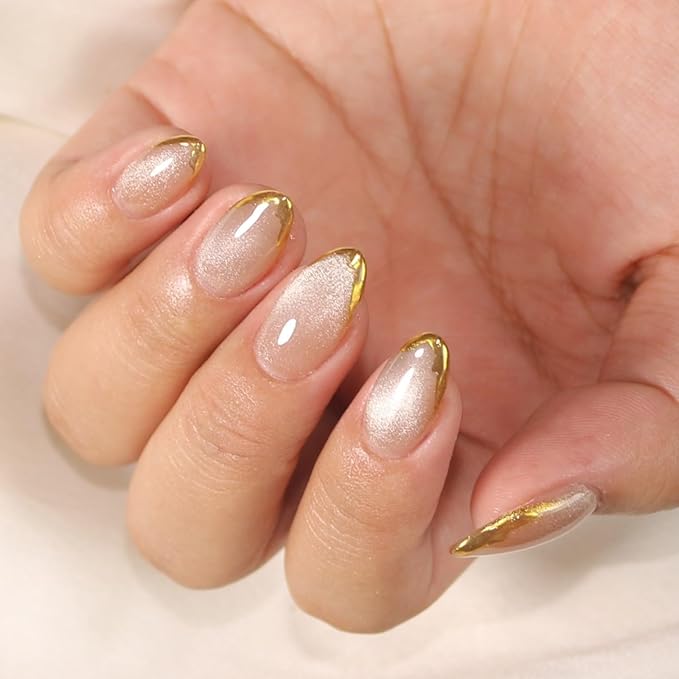 Press On Nails Short Almond Iridescent Nude-Cat Eye with Gold Glitter French Tip | Reusable Soft Gel Nails in 12 Sizes 24 Nail Kit with Glue | Designed in L.A, Handmade in Vietnam | Golden Eye