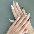 10 Medium Almond Handmade Press On Nails | Light Nude Pink Fake Nails with 3D Floral, Amber Ombre & Rhinestone Accents | Reusable Salon Quality Nails(5U04, S)