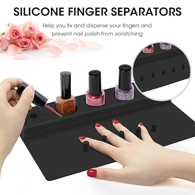 Nail Polish Holder,Silicone Hand Rest Mat Fingernail Painting Tools 2 in 1 Art Accessories Organizer Case Set with Anti-Spill Bottle Stand and Finger Separators for Pedicure Manicure(Black)