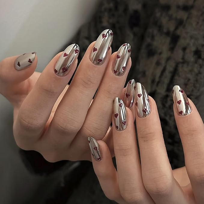 24Pcs Red Heart Press on Nails Medium Almond Fake Nails Mirror Chrome Full Cover False Nails Silver Acrylic Nails Valentines Glue on Nails Reusable Cute Artificial Nails for Women DIY Manicure