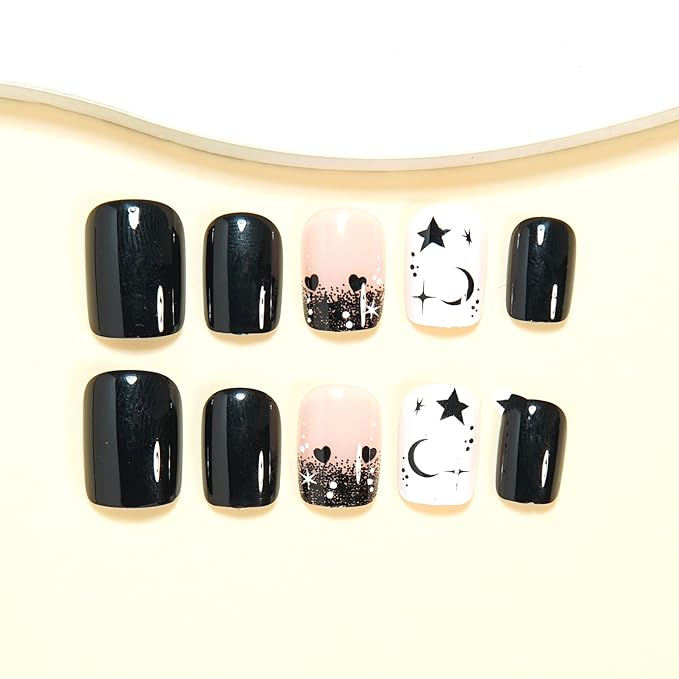 Black Press on Nails Short - Square Fake Nails with Moon Star Design - Glossy Full Cover Stick on False Nails - for Women 24 Pcs