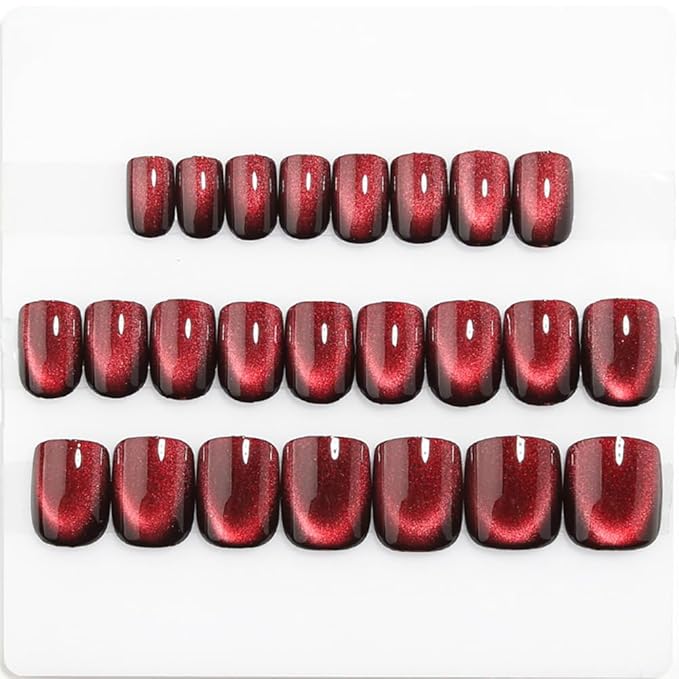 Red Press on Nails Short Square, Cat Eye Press on Nails, Fashion Gel Fake Nails, Reusable Acrylic Fake Nails, Glossy Stick on Nails for Women Girls Gift, Glue on Nails Kit, Obsidian Flame