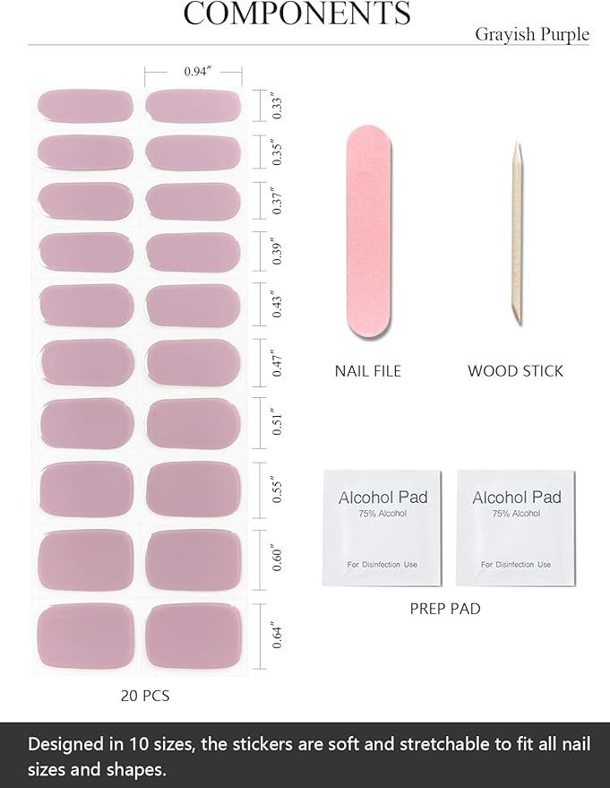 Semi Cured Gel Nail Strips (Grayish Purple), 20 PCS Gel Nail Wraps, Stickers, UV Light Required, Salon Quality, Long Lasting