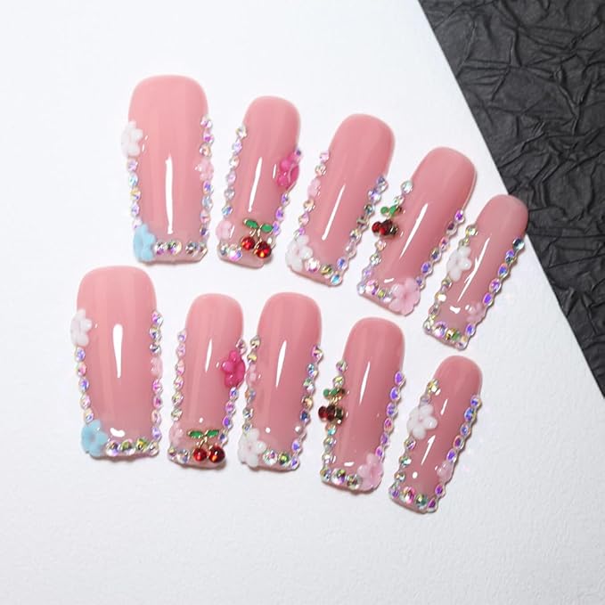 10Pcs Duck-shaped Handmade Press On Nails | French Style with 3D Floral & Rhinestone Decor | Easy to Apply, Remove & Reusable, Salon - Quality (251001, M)