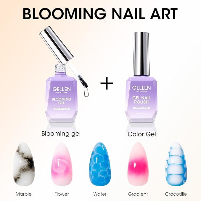 GELLEN 2pcs 18ml Blooming Gel for Nail, Clear Blooming Gel Nail Polish for Nail Art, Easy to Design Marble Watercolor Gradient For Nails, Cure with UV Led Lamp, Non-toxic Long Wear Fade-Resistant