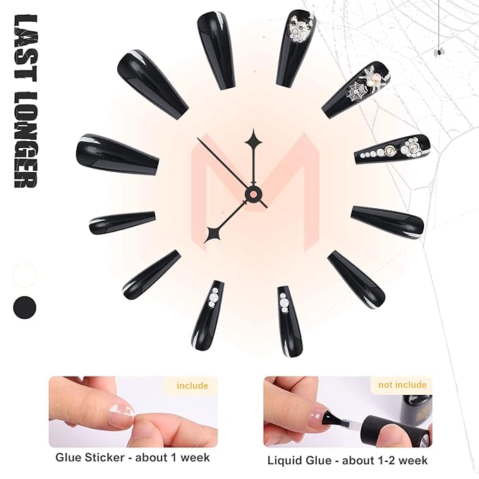 Morily 24Pcs Long Coffin Press on Nails Halloween Black Fake Nails Acrylic Skeleton Stick on Nails with 3D Spider Web Rhinestones Design Artificial False Nails for Women (Black Silver Spider Crystal)