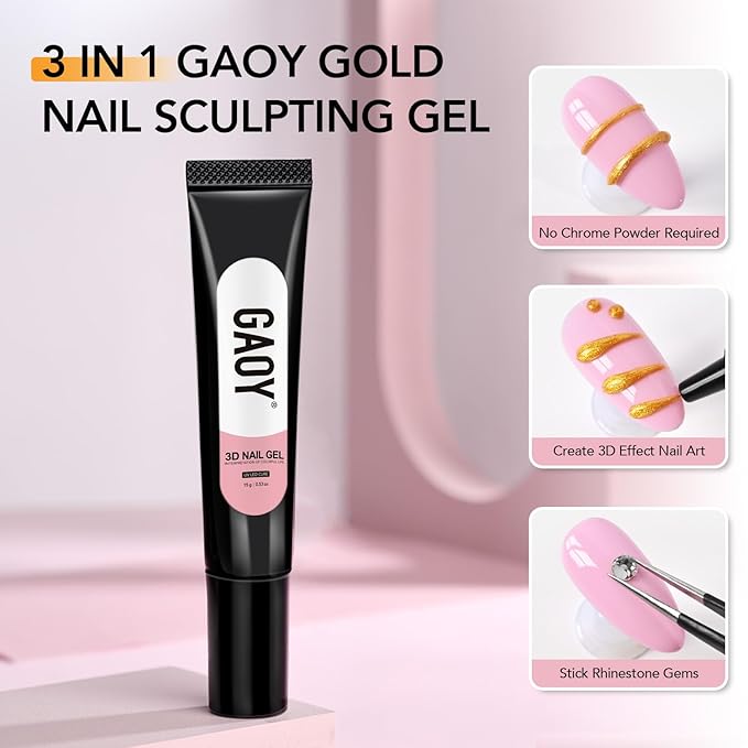 GAOY Gold 3D Nail Gel, 15g Sculpting Gel for 3D Nail Art Designs Carving, Molding, Painting, No Wipe Gel for Gems & Charms Decoration, Salon DIY Use