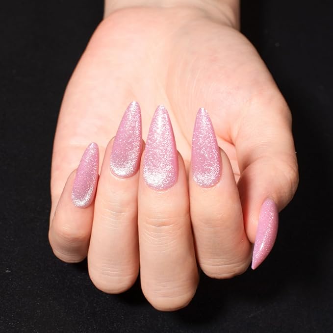 Press On Nails - Pink Glitter| Bright Pink Glitter Velvet Nails, Medium Almond Shaped Press On Nails with Cat Eye Design for Women and Girls, 24 Pcs Reusable Fake Nails