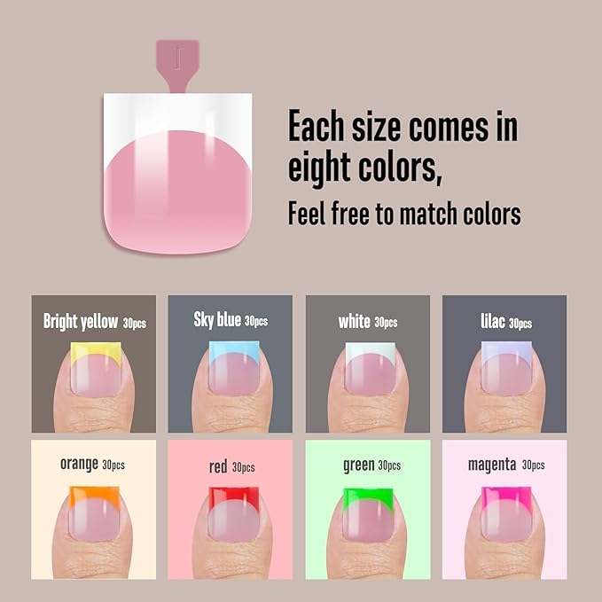 NOVO OVO French Tip Toe Nail Tips 8 MIXED SUMMER COLOR, Sharp Square Soft Gel False Toenail Extension, Need Builder Gel & Top Coat, no Glue Included, Full Cover Acrylic for DIY x 15 Sizes 240 pcs