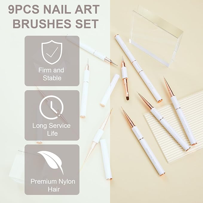 Nail Art Brush Set, 9PCS Double-Ended Acrylic Liner Brush Dotting Pen for Gel Polish, Nail Design Tools for Professional Manicure DIY Home Salon