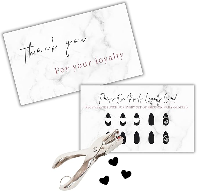 Boutique Marketing LLC Press-On Nail Loyalty Discount Cards | 50 Pack | 2x3.5 Inch inch Business Card Size | DIY Press-On Nail Kit | Marble Look with Black Nail Design,marble,black,white