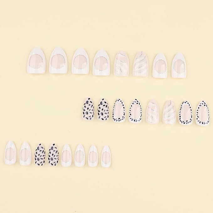 Short Almond Press On Nails, Nude Black White Mix Design Fake Nails with Dotted Tips, Outline French Style and Shimmery Silver Line Art, Glossy Reusable Acrylic Glue On Nails Kit for Women