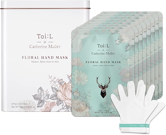 Catherine Muller Floral Hand Mask 8 Pairs, Moisturizing Gloves for Dry Hands with Elder Flower & CICA, Repairing and Nourishing Hand Care Treatment for Cracked, Rough, and Dry Skin