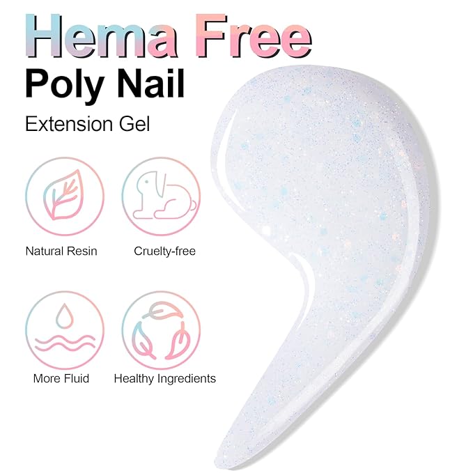 NXJ INFILILA Glitter Poly Nail Gel, Milky White Colors Poly Extension Gel Nail Enhancement, Thickening Glossy Builder Home DIY Salon Use for Girls UV/LED Nail Lamp Required P01