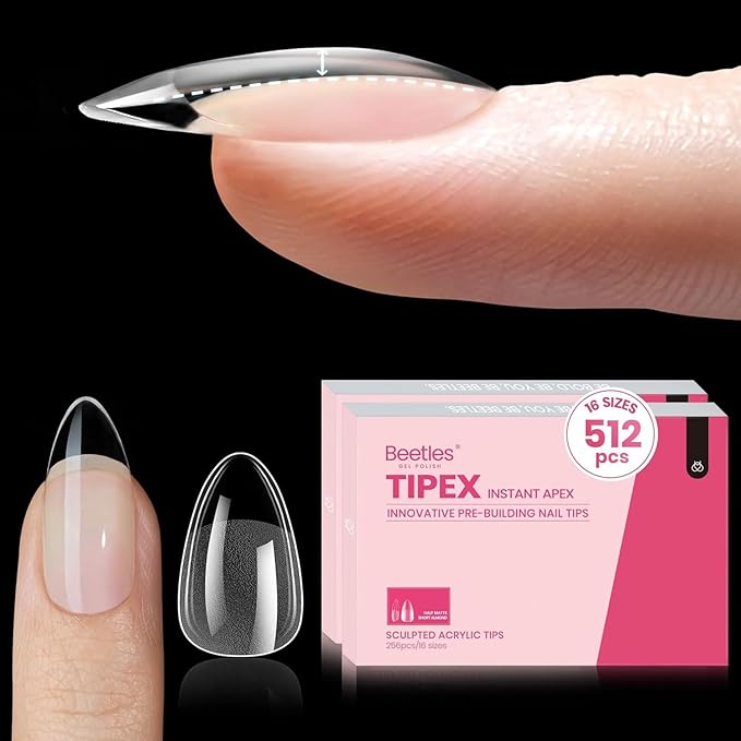 Beetles Tipex Instant Apex Nail Tips Almond Short – Pre-Built & Pre-Etched, Strong & Thick Acrylic, 16 Sizes, 512 Pieces