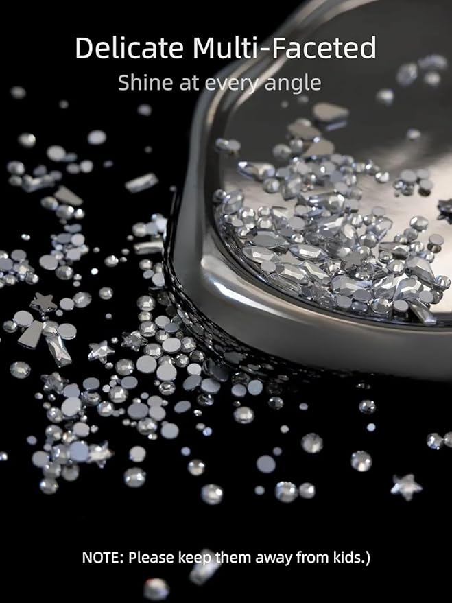 6080PCS White Rhinestones for Nails, Nail Art Rhinestone Kit, Silver Gems Flatback Crystals Diamonds for Nail Art Design, Mix Sizes Nail Charms and Gems(Tweezers Included)