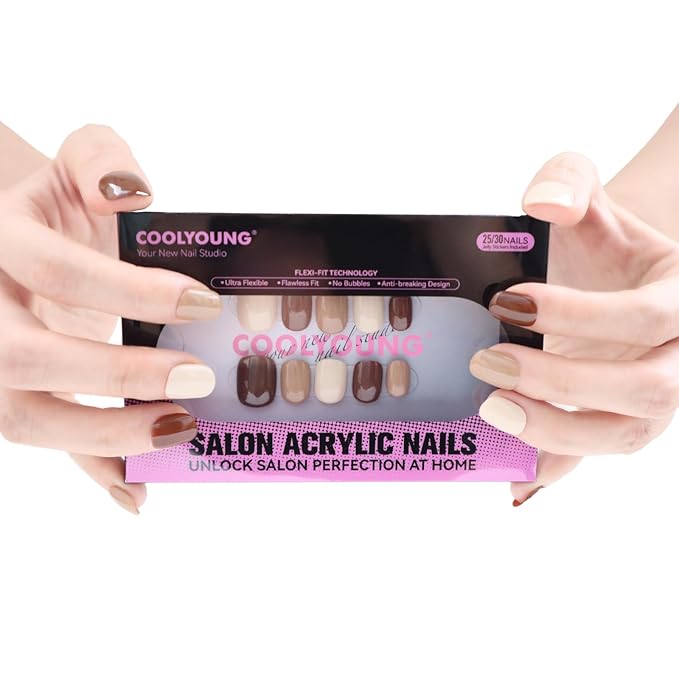 Press-On Nails, Fake Nails With Light Brown, Dark Brown, Beige, Brown Press On Nails, Short Nails, 25 PCS Handmade Nails