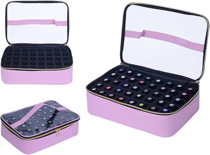 Small Clear Nail Polish Organizer Case Holds 40 Bottles(15ml-0.5fl.oz) Multifunctional Nail Polish Bag, Cosmetic Travel Makeup Bags for Women, Pink