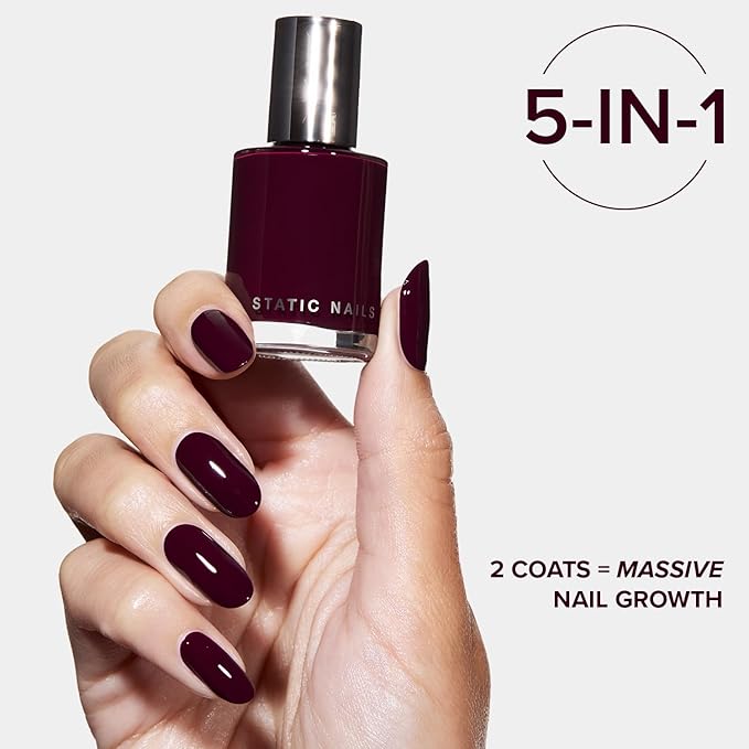 Static Nails 5-in-1 Rapid Growth Treatment Polish, Clinically Proven Hardener & Strengthener, Built-in Top & Base Coat, Quick Dry Formula, Repairs & Lengthens – Cherry Noir (Cherry Plum) 0.4 Fl Oz
