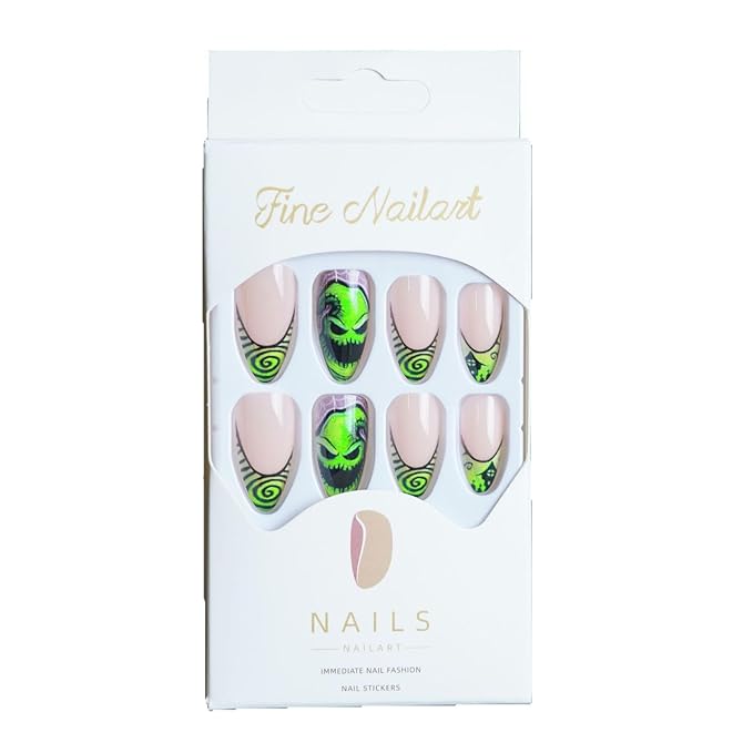 Halloween Green Press on Nails, Glossy Almond Fake Nails, French False Nails with Green Big Eye Monster & Swirl Designs, Full Cover Acrylic Stick on Nails for Women Girls Daily Wear 24 Pcs