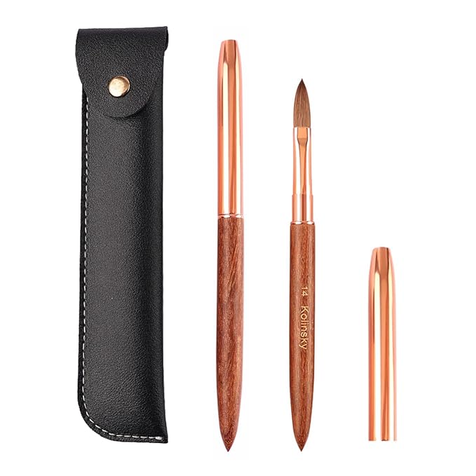 100% Pure Kolinsky Acrylic Nail Brush Size 14 for Acrylic Application - Acrylic Powder Brush for Nail Art Professional Salon Quality Acrylic Powder Brush for Nail Art Extension (Rose Gold Wood)