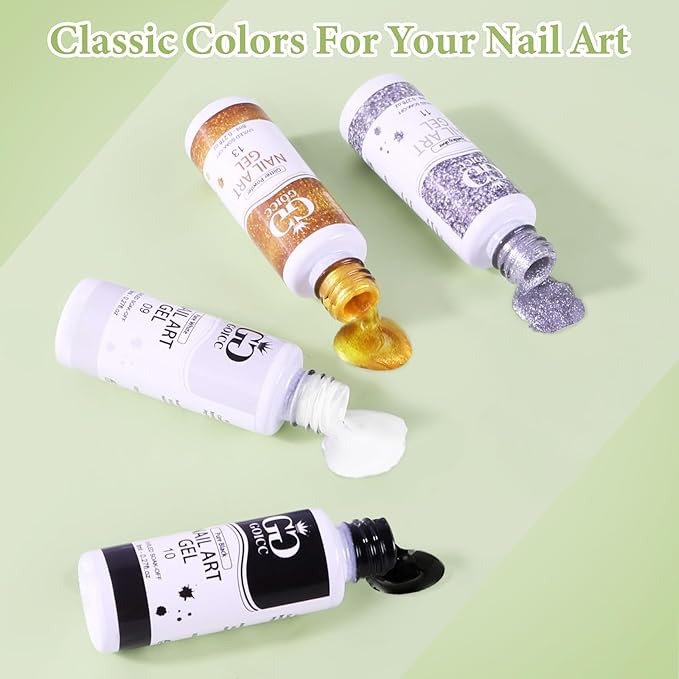 Gel Nail Art Polish Set with Thin Brush – 4 Colors White Gel Nail Polish Black Silver Glitter Liner for Nail Art Design French Tips Soak Off UV/LED 8ml