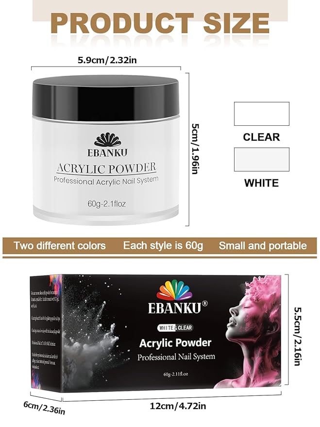 EBANKU 2 Colors Acrylic Nail Powder Set, White Clear Acrylic Powder Professional Nail Acrylic Powder for Nail Acrylic Extension, Nail Carving, Long-Lasting, No Nail Lamp Needed, 2.1 oz
