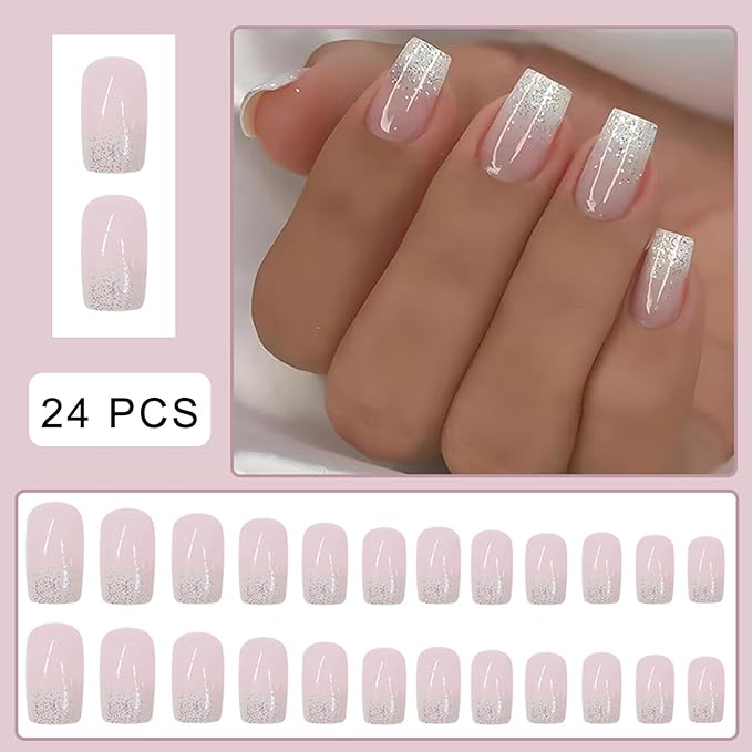 White Gradient Glitter Press on Nails Short Square Fake Nails Nude Glitter False Nails Full Cover Nude Sparkly French Glossy Acrylic Nails for Women and Girls DIY Manicure Decoration 24Pcs