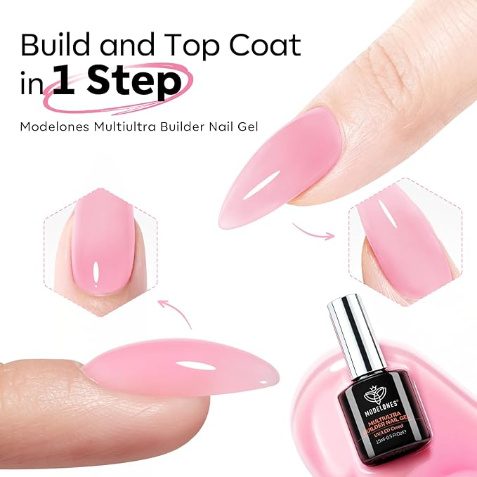 modelones Builder Nail Gel, No Top Coat Needed Builder for Nails Pink, C-Curve Sculpting, Glossy Jelly Finish, No-Wipe, 9-in-One LED Lamp Cured Color Rubber Base Gel Polish for Quick DIY Salon