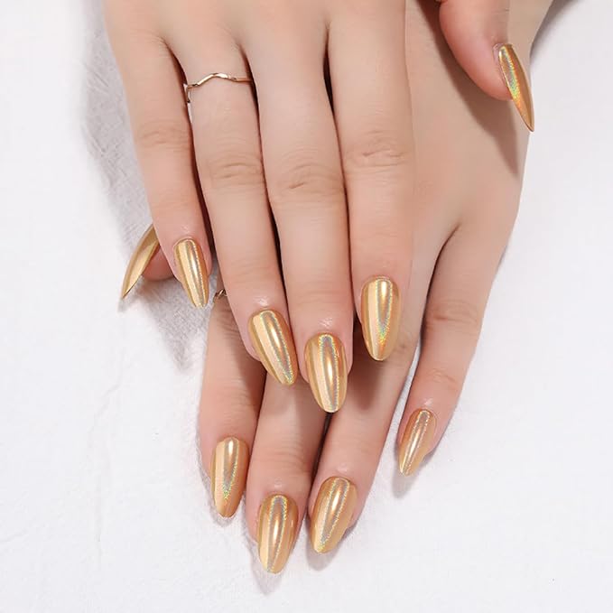 24Pcs Gold Holographic Acrylic Press on Nails Short Almond - Reusable Fake Nails with Nail Glue Kit, Long Lasting Chameleon Static Nails for Women Daily Wear & Parties (Glossy Laser Design)