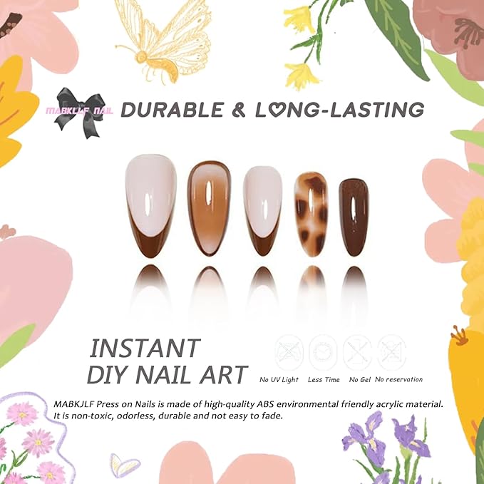 Press on Nails Medium Almond MABKJLF French Tip Fake Nails False Nails with Tortie Designs Brown Glossy Glue on Nail Fall Acrylic Nails for Women Girls 24Pcs