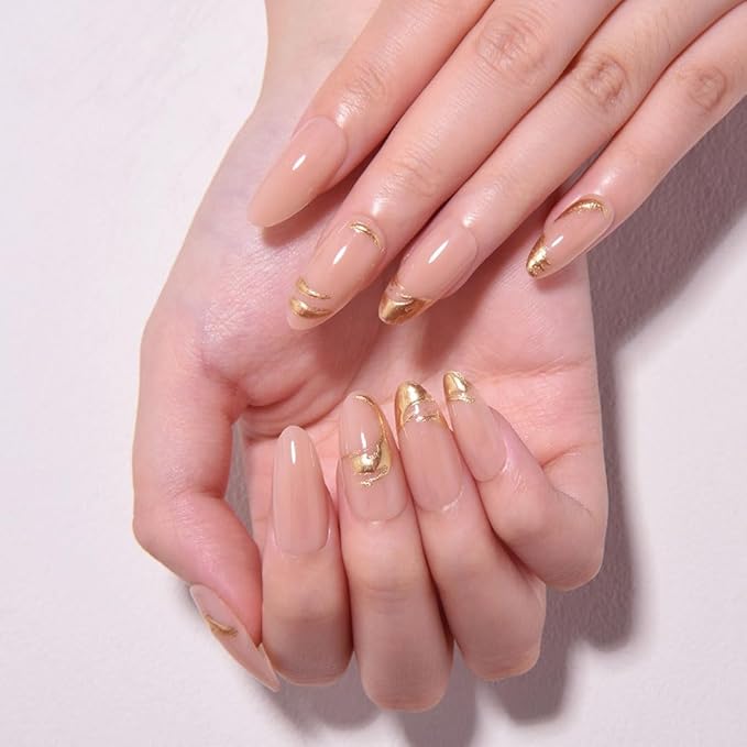 3D Glod Line Press on Nails Medium Almond with Design, Nude Pink Glossy Press on Stick on Nails for Women Gift with Kit, Reusable Soft Gel Stick on Cute Fake Arcrylic Nail with Designs Perfectly Fit