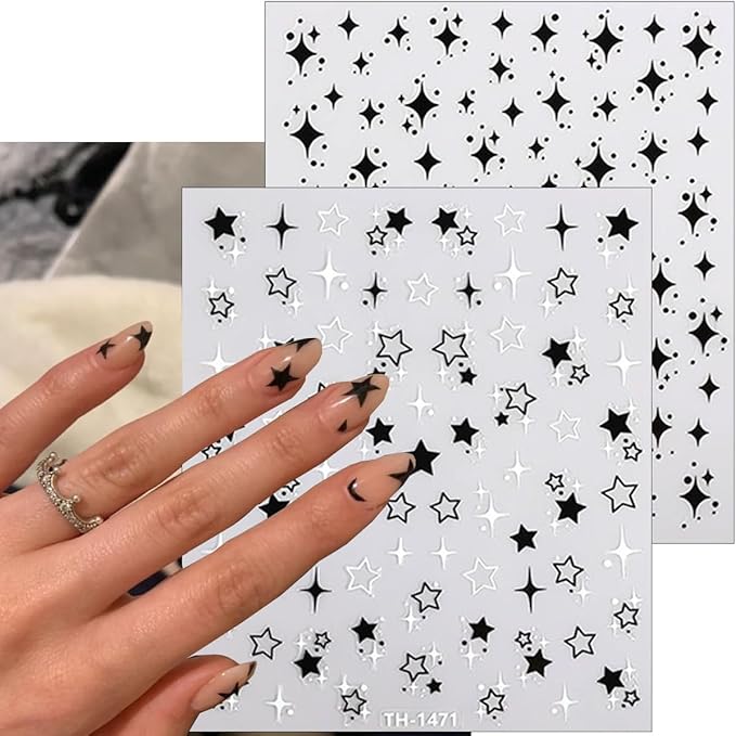 6Pcs Independence Day Star Nail Art Stickers Decals 3D Self-Adhesive Shiny Star Nails Decals Glitter Black White Pink Blue Five Pointed Stars Nail Stickers French Starlight Nails Supplies Decoration