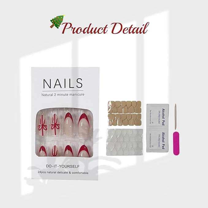 Press On Nails Almond Christmas, French Tip Press on Nails Short, Glue On Nails for Women Gift, Supremely Fit Natural Reusable Stick On Nails in 12 Sizes -24 Fake Nails Kit, French Bow