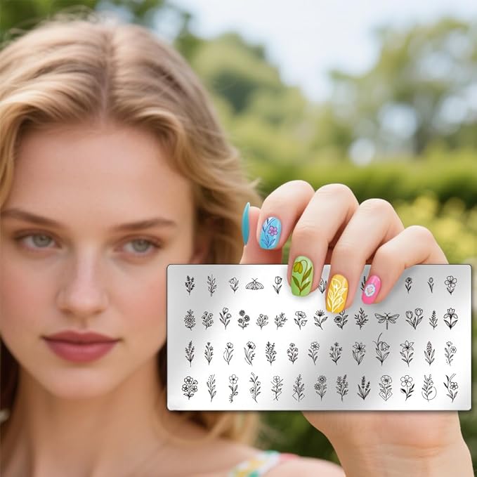 UNICRAFTALE 3Pcs Nail Stamp Plates Set Flower Stamping Plate Flower Leaves Stamp Templates Image Nail Stencils Nail Art Plates with Nail Scraper for Women DIY Nail Design Tools