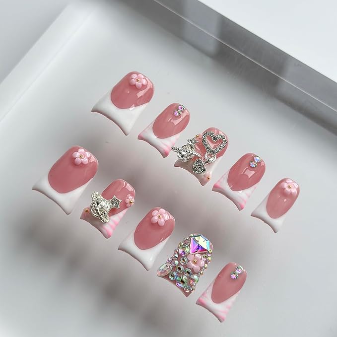 Luxury Press on Nails Short Duck Handmade 3D Unique Reusable ABS Material Fake Nails White French Tip False Nails with Designs Pink Flower Rhinestones Glossy Glue on Nail Thick Acrylic Nail(S)