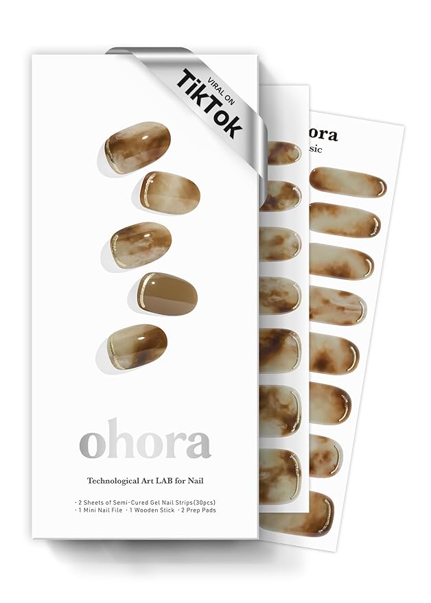ohora Semi Cured Gel Nail Strips (N Cafe Creme) - Works with Any Lamps, Salon-Quality, Long Lasting, Easy to Apply & Remove - Includes 2 Prep Pads, Nail File & Wooden Stick